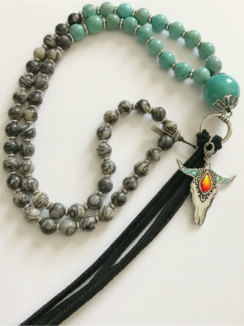 Turquoise and Gray Beaded Long Necklace with Southwestern Charm